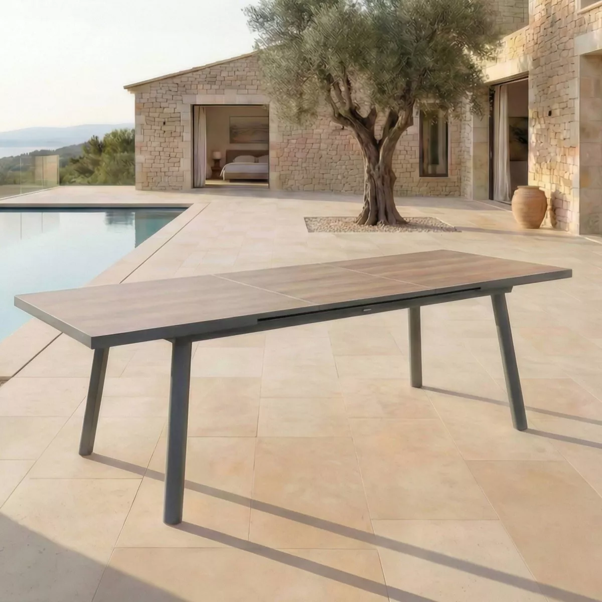 Tavolo da giardino estensibile in alluminio 12 posti (240/300 x 96 cm) Amalfi Grigio antracite e legno