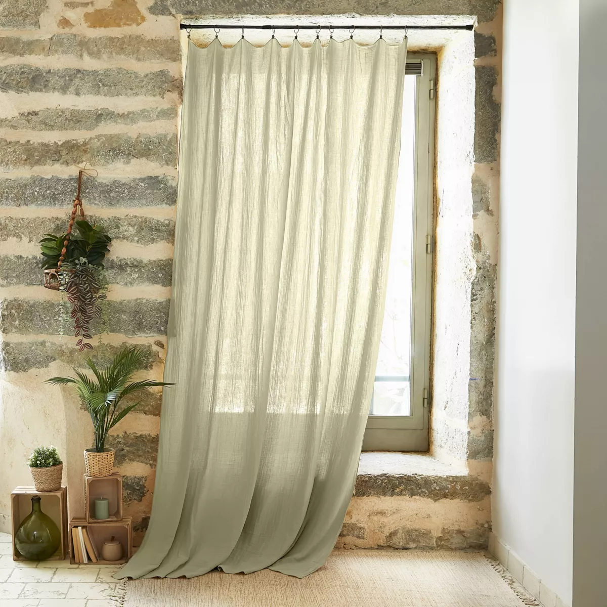 Cortina en gasa de algodón ajustable (180 x max 300 cm) Gaïa Verde tilo