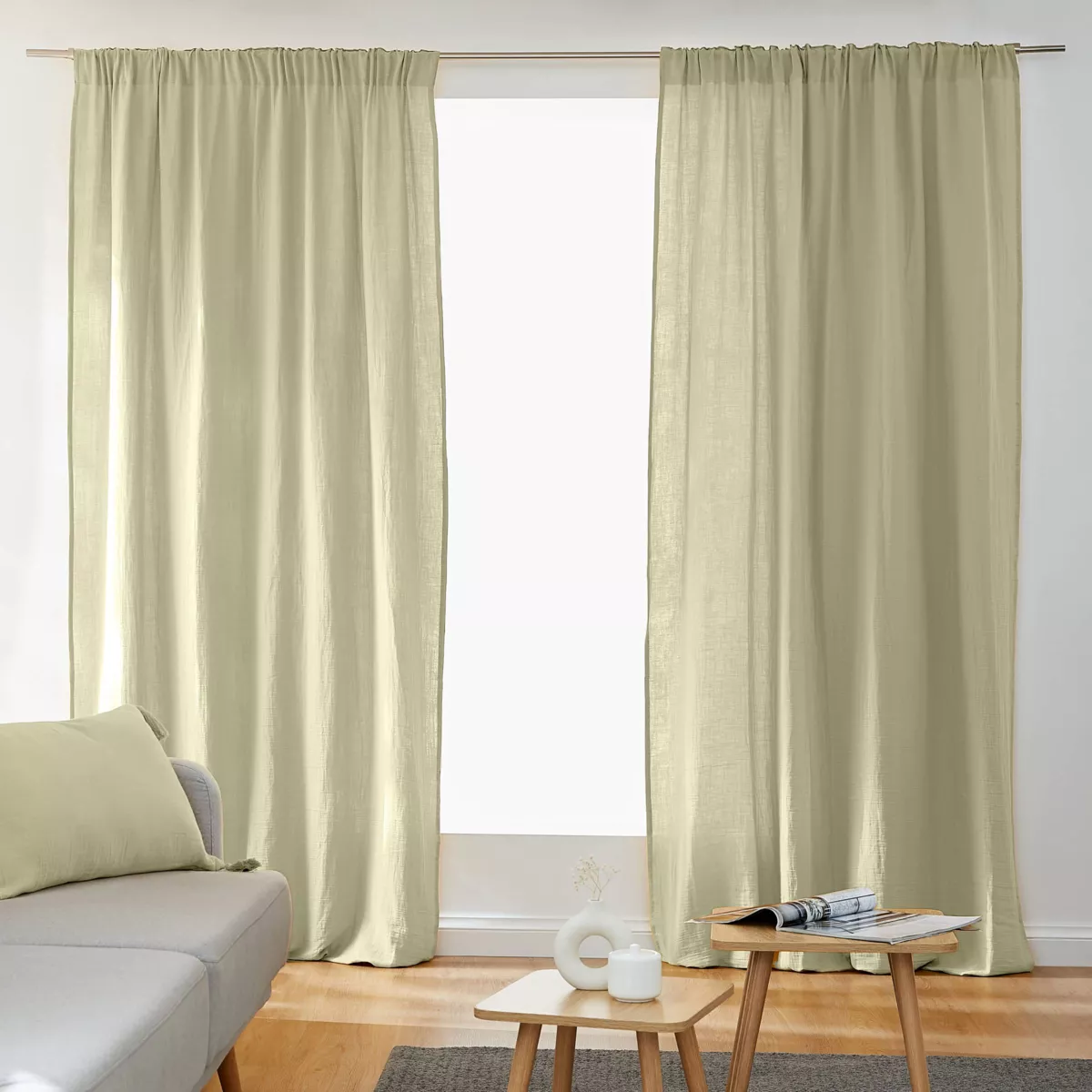 Rideau gaze de coton galon fronceur (140 x 240 cm) Gaïa Vert tilleul