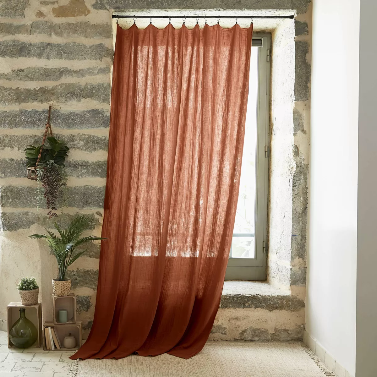 Cortina en gasa de algodón ajustable (180 x max 300 cm) Gaïa Terracota