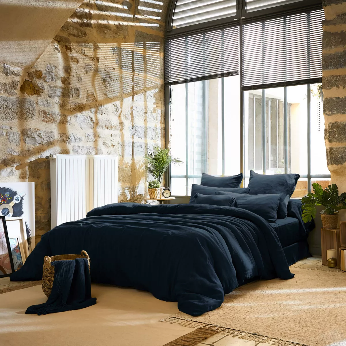 Drap plat gaze de coton (270 x 300 cm) Gaïa Bleu nuit