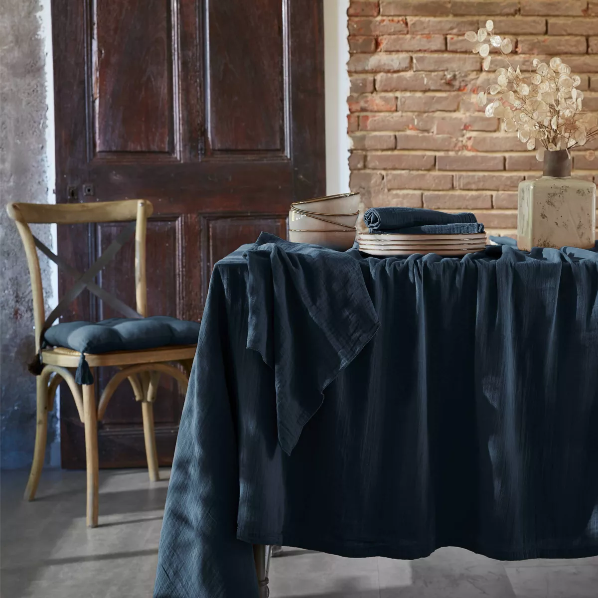 Mantel rectangular en gasa de algodón (L350 cm) Gaïa Azul noche 1