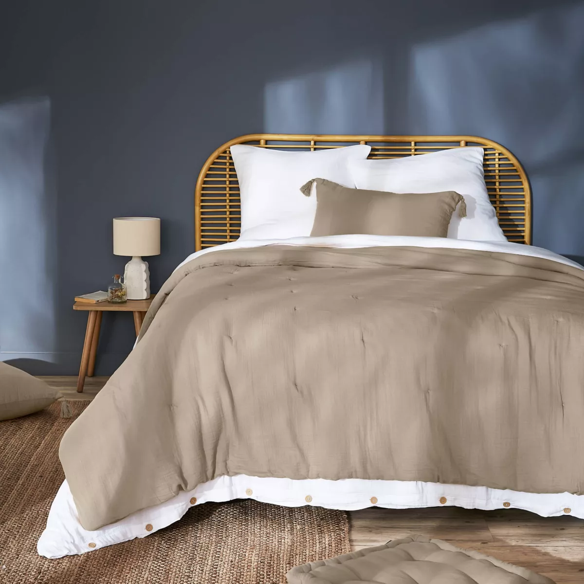 Gestikte katoenen gaas beddensprei (260 x 240 cm) Gaïa Bruin touw