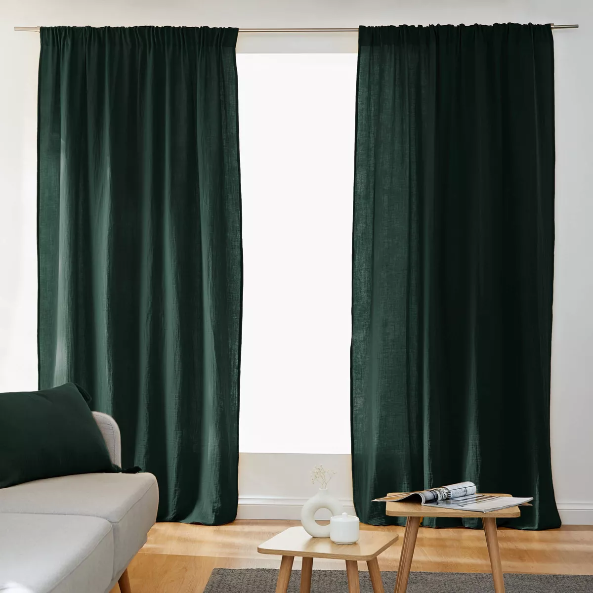 Rideau gaze de coton galon fronceur (140 x 240 cm) Gaïa Vert sapin