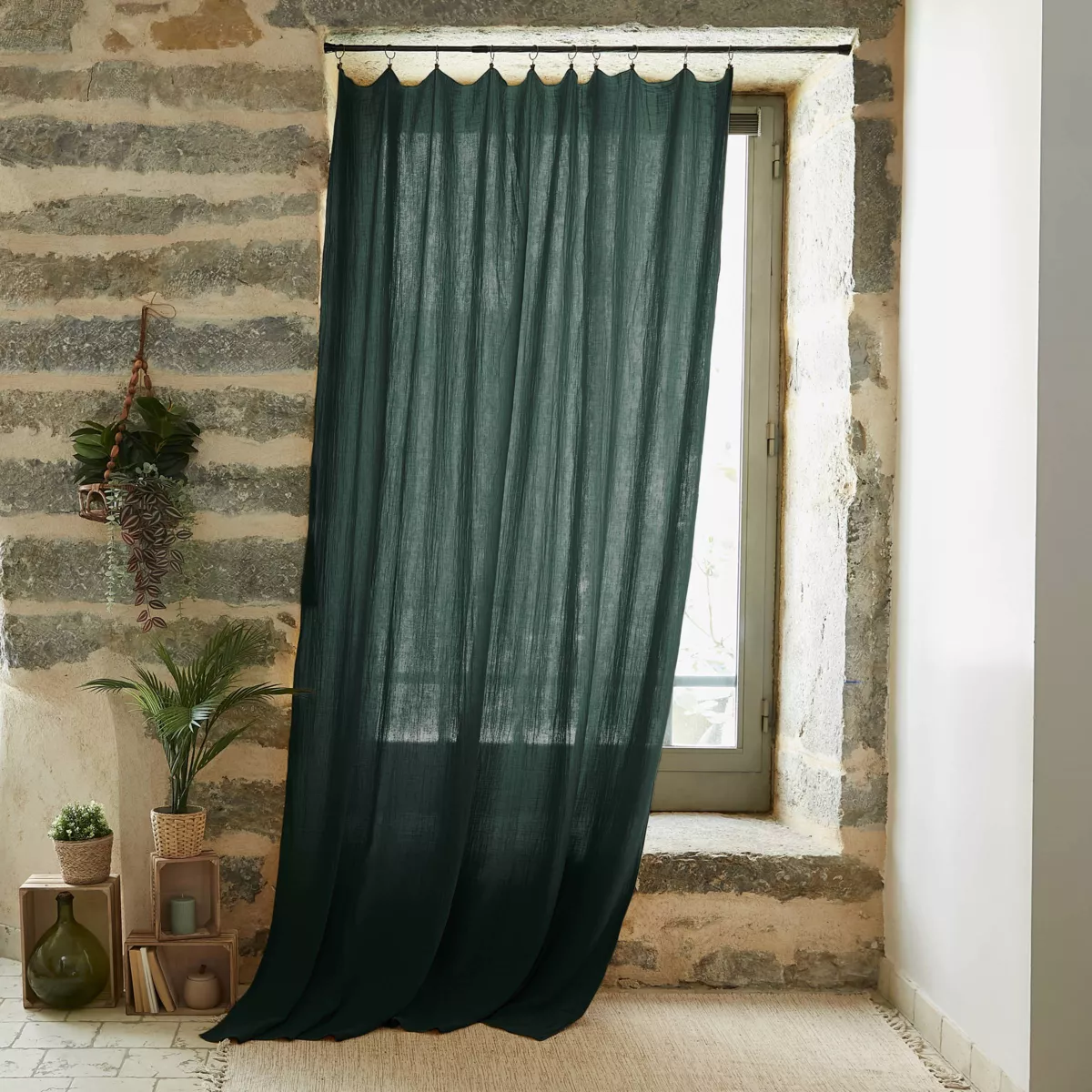 Rideau gaze de coton ajustable (180 x 300 cm) Gaïa Vert sapin