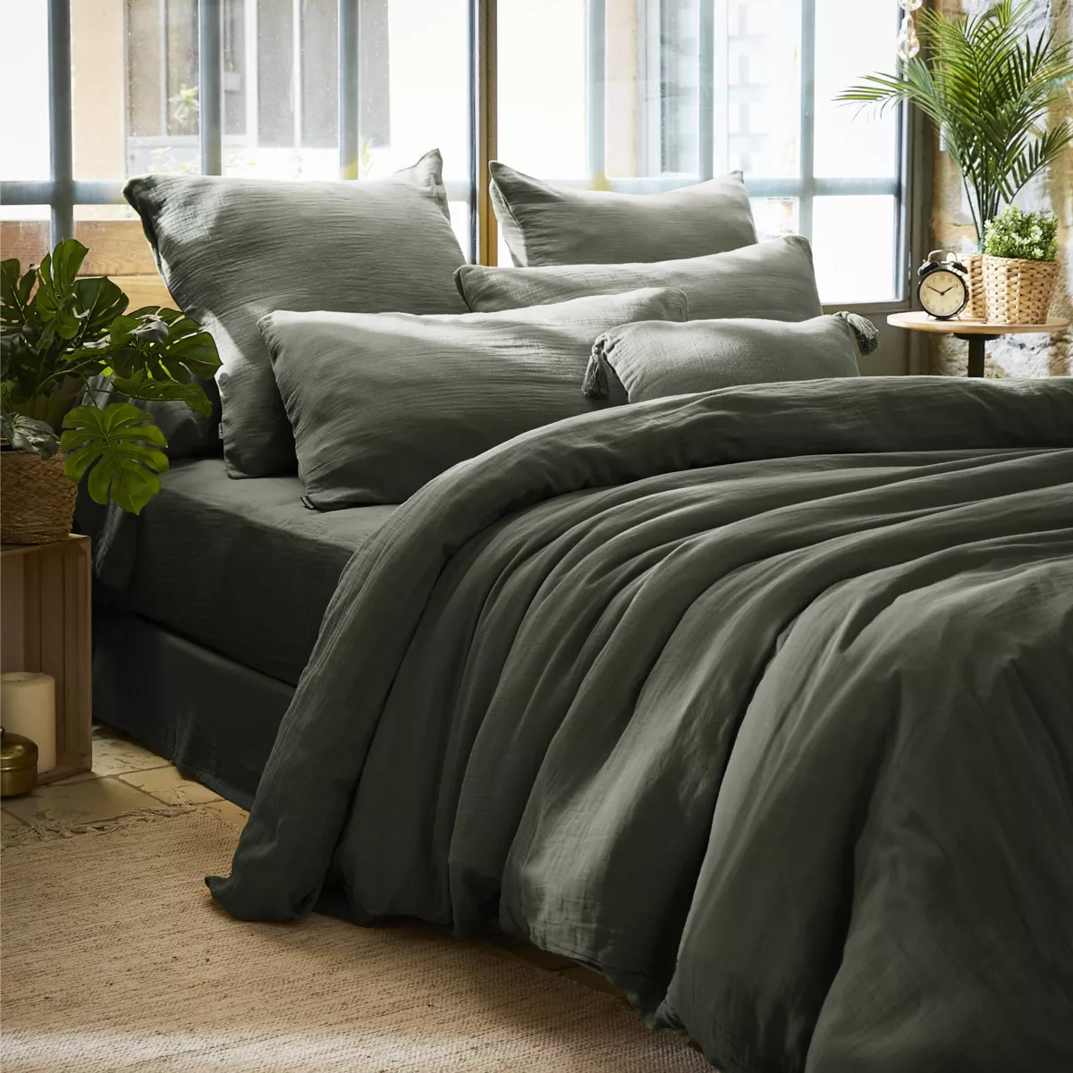 Housse de couette gaze de coton (260 cm) Gaïa Vert romarin 1