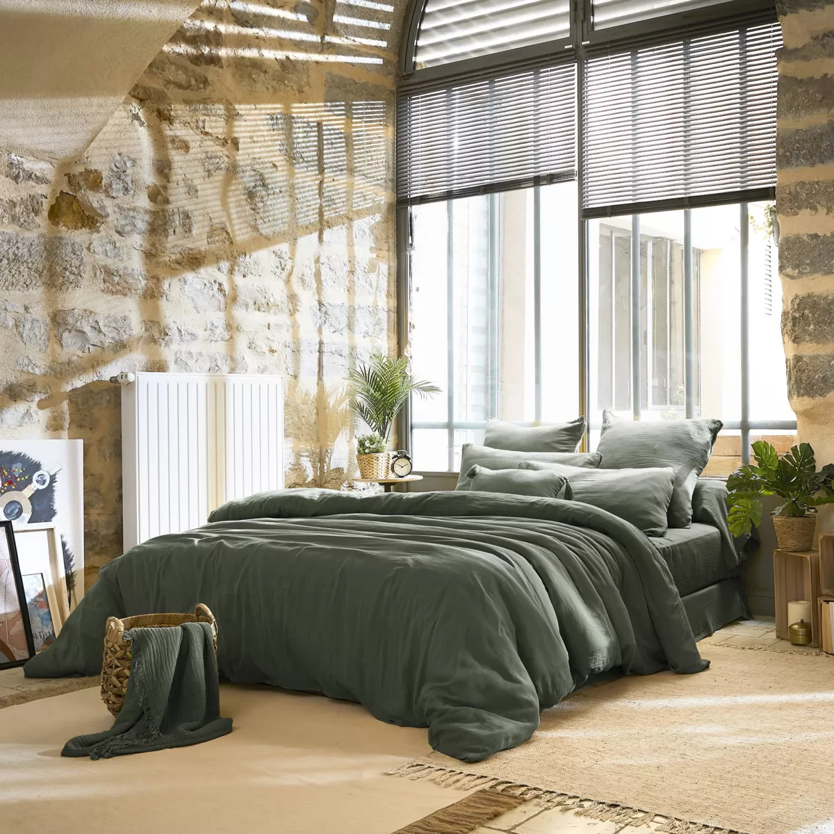 Drap plat gaze de coton (270 cm) Gaïa Vert romarin