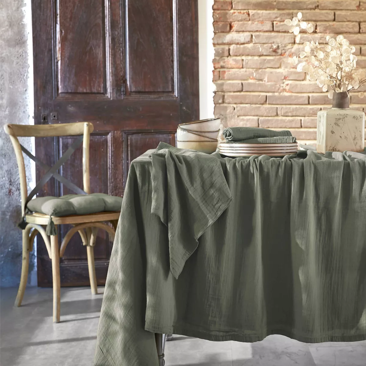 Nappe rectangulaire gaze de coton (L350 cm) Gaïa Vert romarin 1