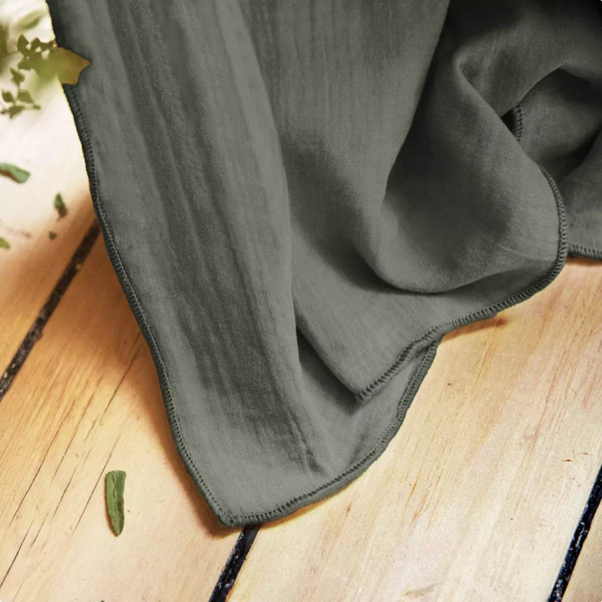 Nappe rectangulaire gaze de coton (150 x 250 cm) Gaïa Vert romarin