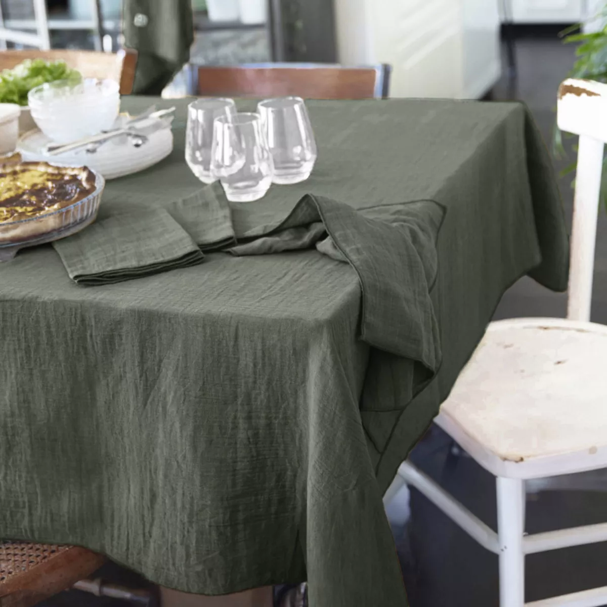 Mantel rectangular en gasa de algodón (L250 cm) Gaïa Verde romero