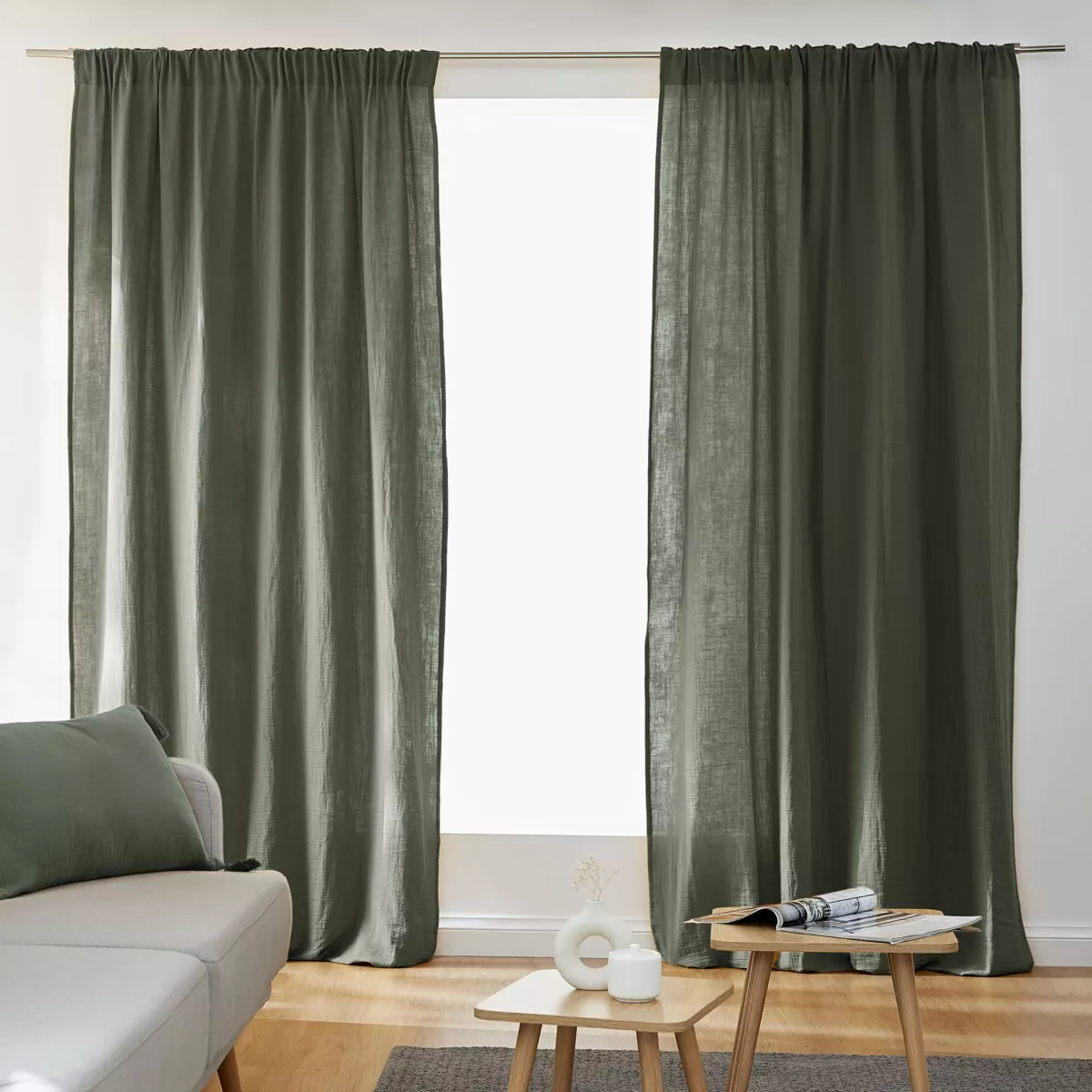 Cortina de gasa de algodón cinta fruncidora (180 x 240 cm) Gaïa Verde romero