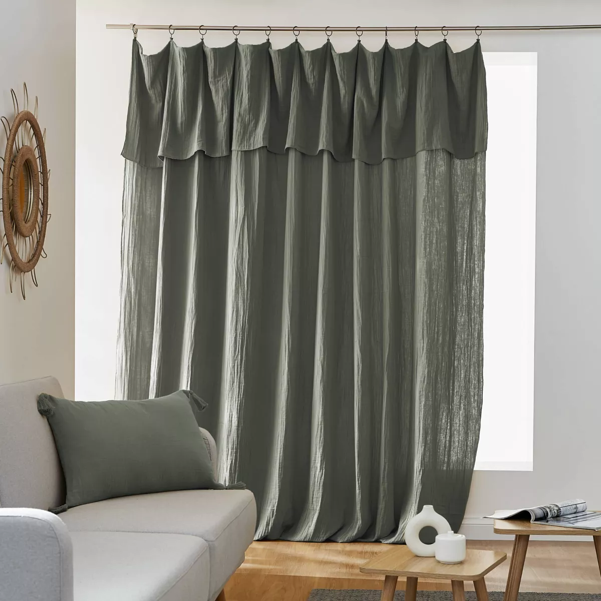 Cortina de gasa de algodón ajustable (280 x max 300 cm) Gaïa Verde romero