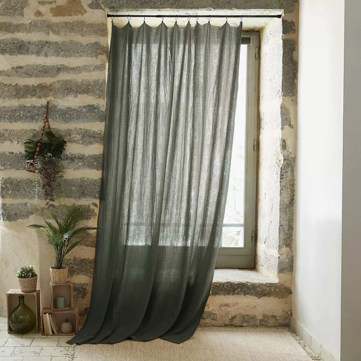 Rideau gaze de coton ajustable (140 x max 300 cm) Gaïa Vert romarin 1