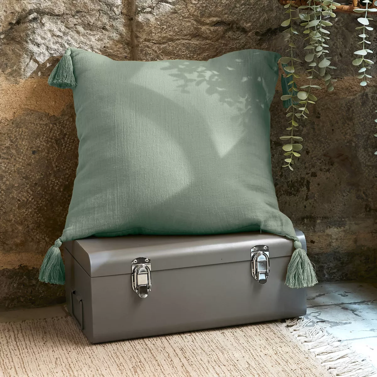 Coussin carré gaze de coton (40 cm) Gaïa Vert eucalyptus