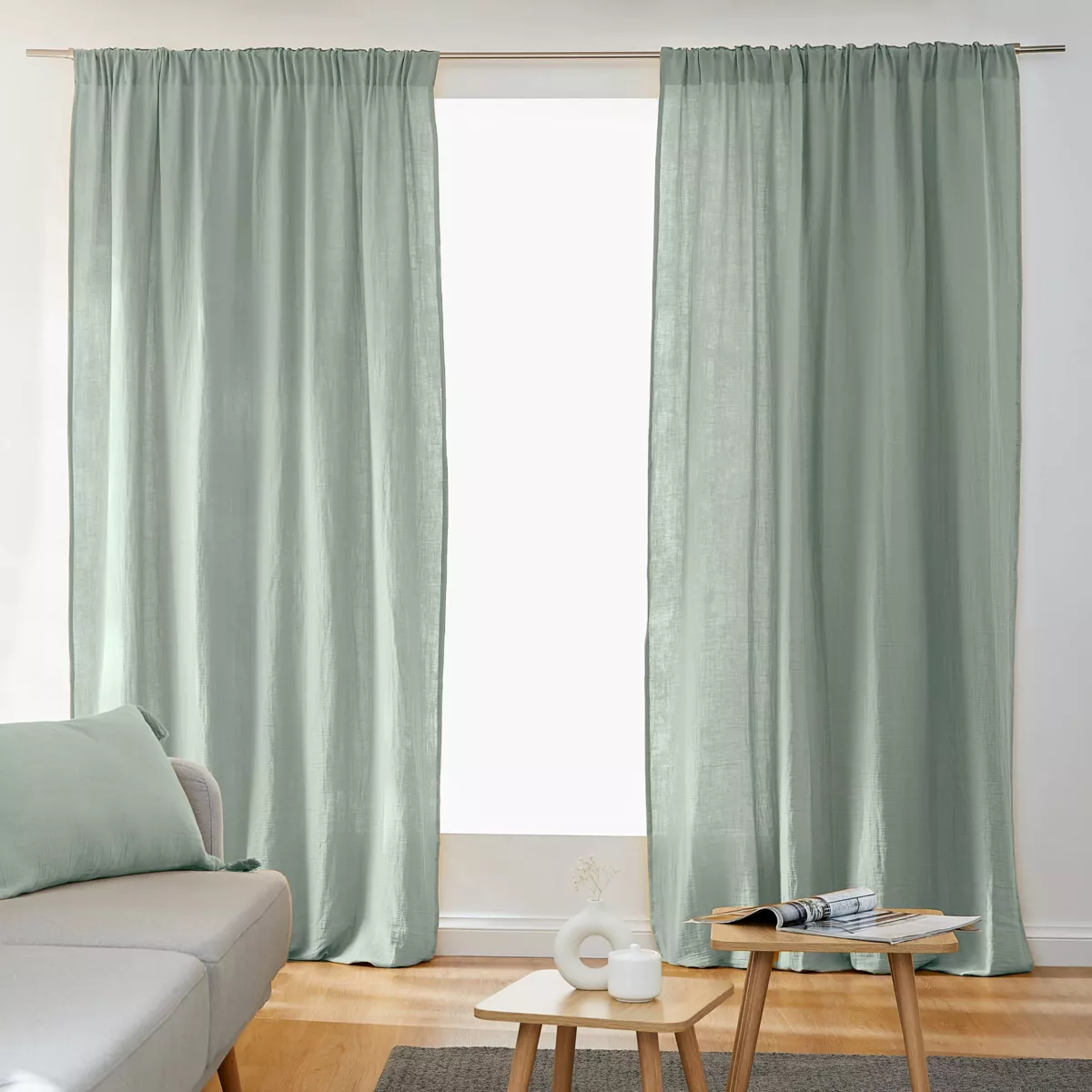 Rideau gaze de coton galon fronceur (140 x 240 cm) Gaïa Vert eucalyptus