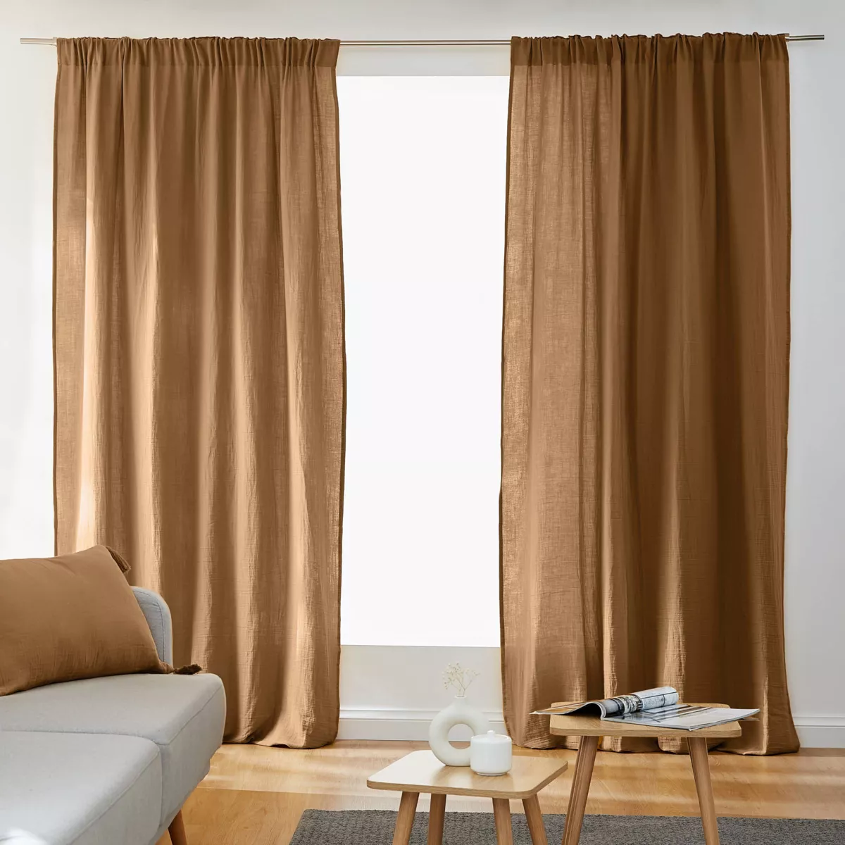 Rideau gaze de coton galon fronceur (180 x 240 cm) Gaïa Camel