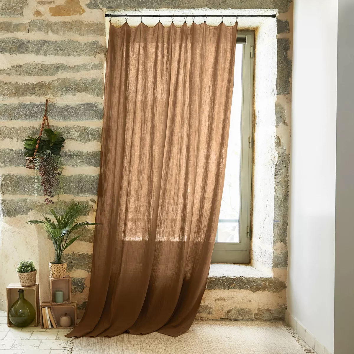 Cortina en gasa de algodón ajustable (140 x max 300 cm) Gaïa Camel 1