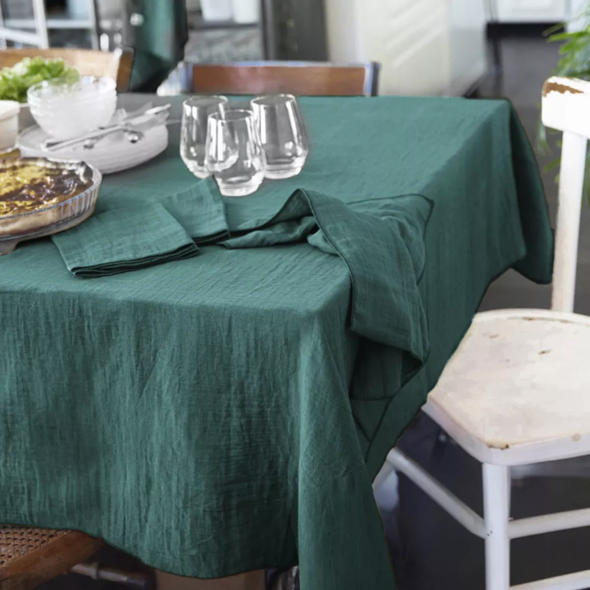 Nappe rectangulaire gaze de coton (150 x 250 cm) Gaïa Bleu canard