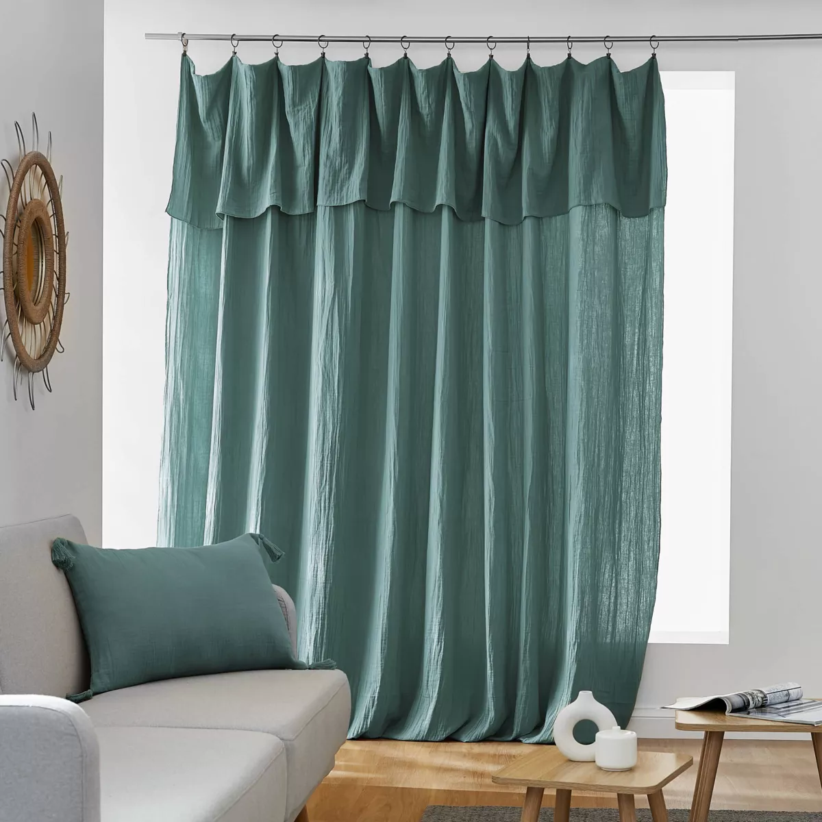 Rideau gaze de coton ajustable (280 x max 300 cm) Gaïa Bleu canard