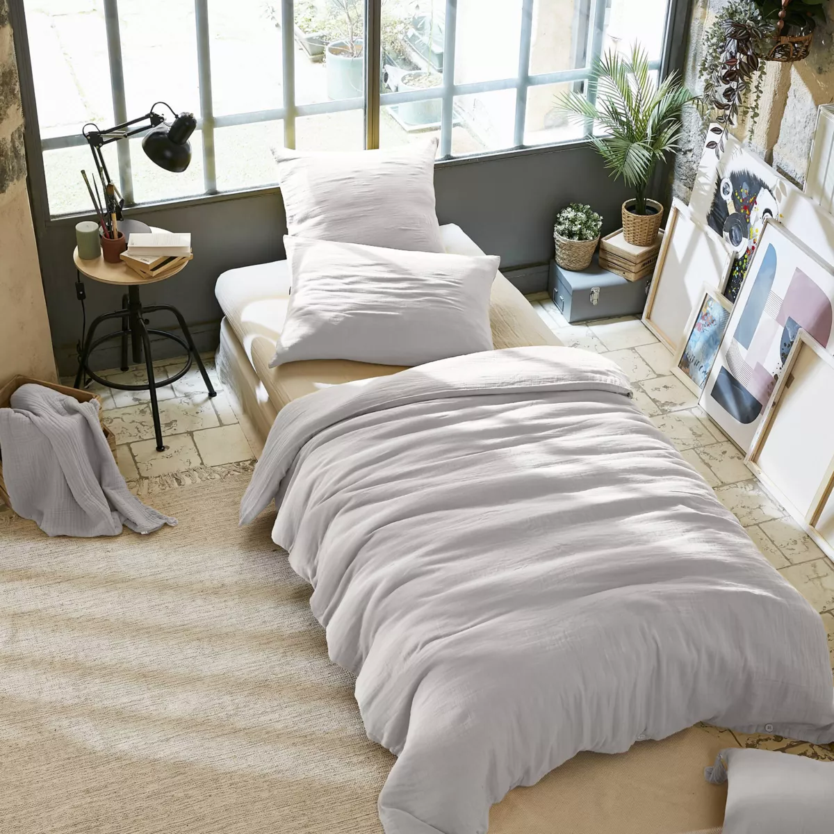 Funda Nórdica en gasa de algodón (140 cm) Gaïa Gris nube 1