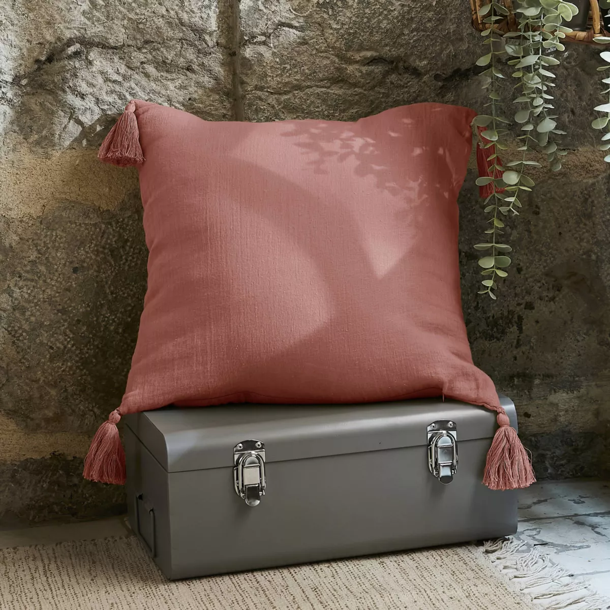 Coussin carré gaze de coton (40 cm) Gaïa Rose pêche 1