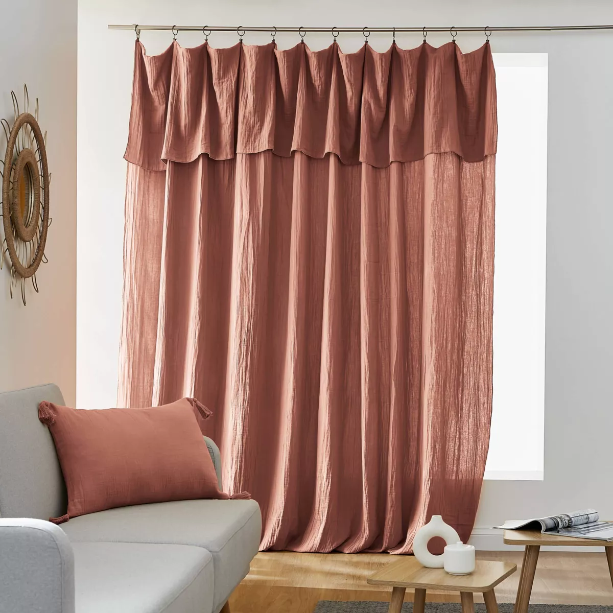 Rideau gaze de coton ajustable (280 x max 300 cm) Gaïa Rose pêche