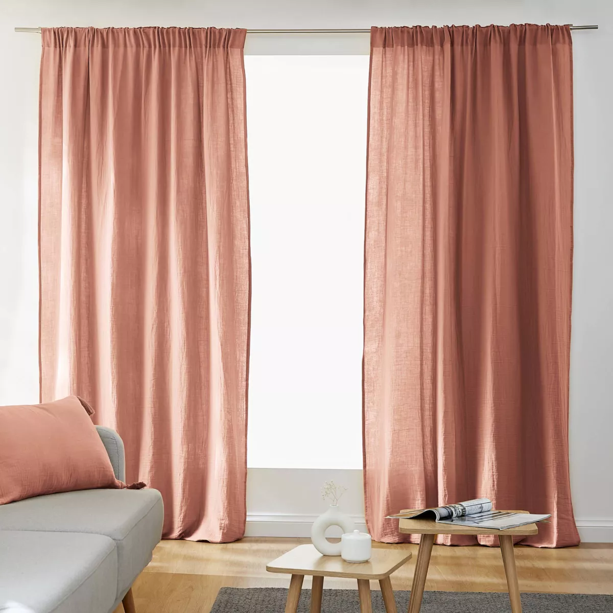 Rideau gaze de coton galon fronceur (140 x 240 cm) Gaïa Rose pêche