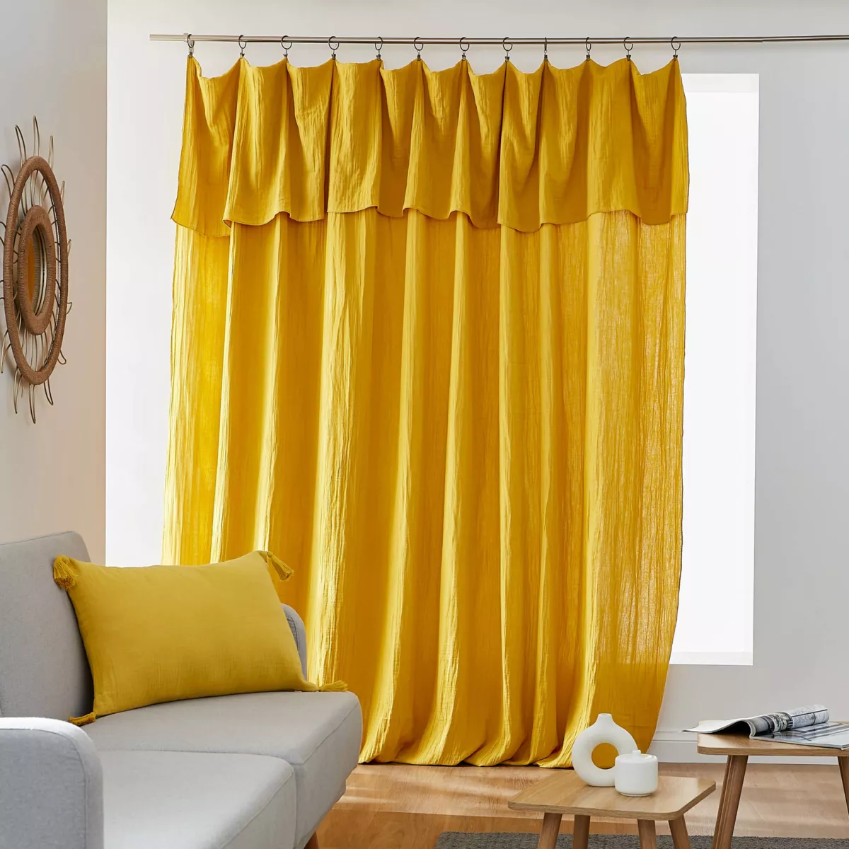 Rideau gaze de coton ajustable (280 x max 300 cm) Gaïa Jaune safran