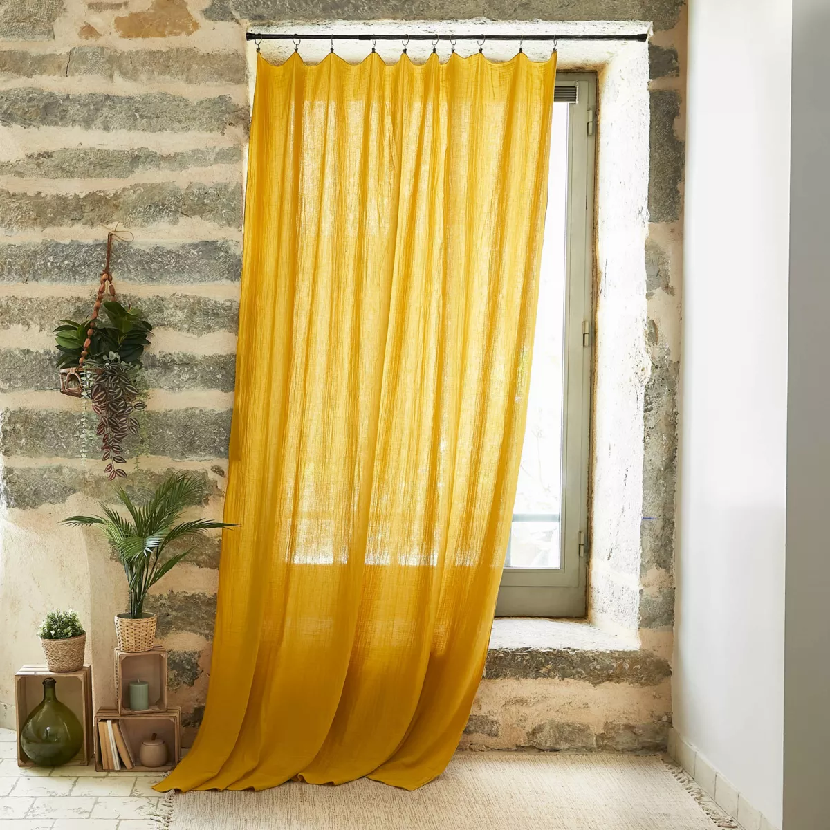 Rideau gaze de coton ajustable (140 x max 300 cm) Gaïa Jaune safran