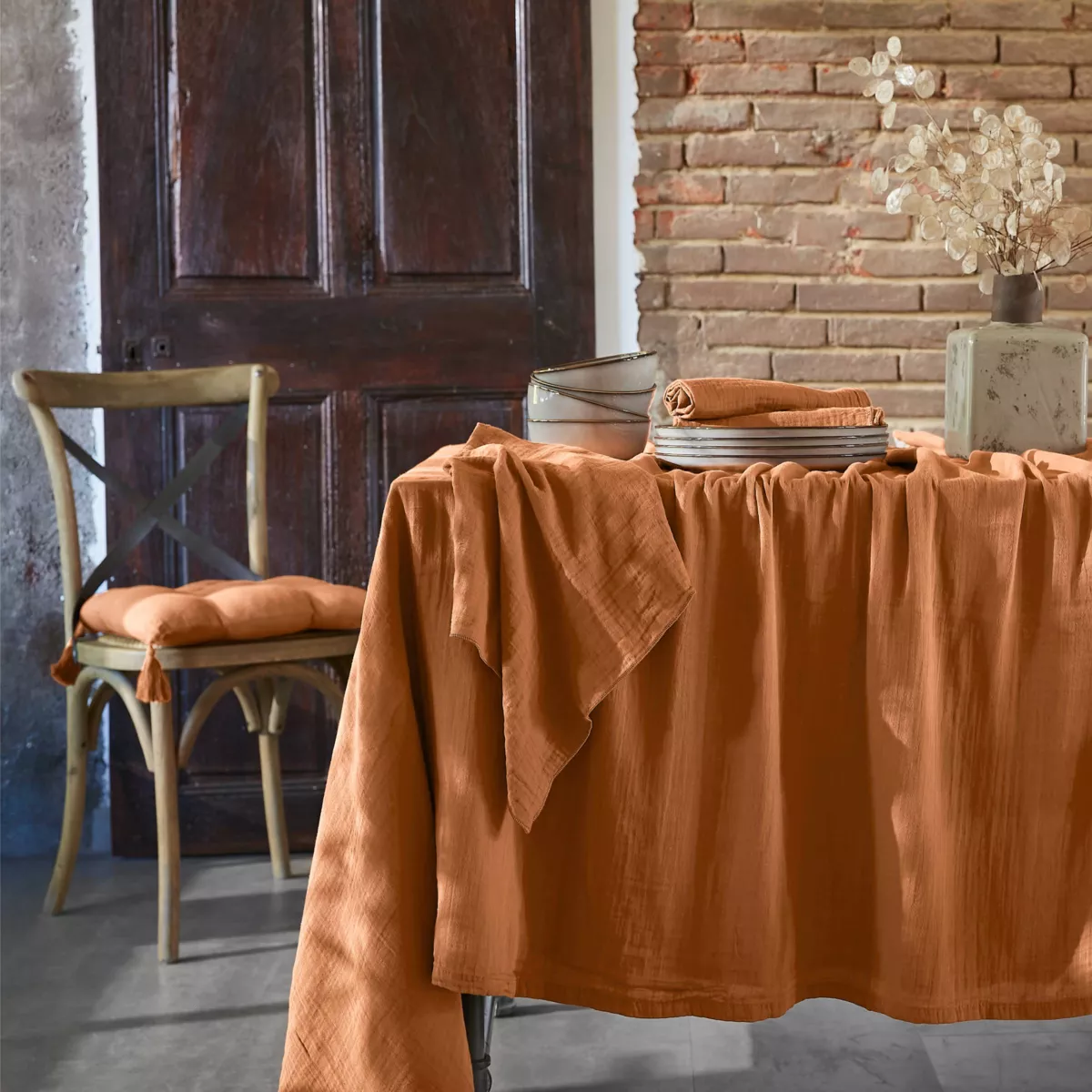Nappe rectangulaire gaze de coton (150 x 250 cm) Gaïa Abricot