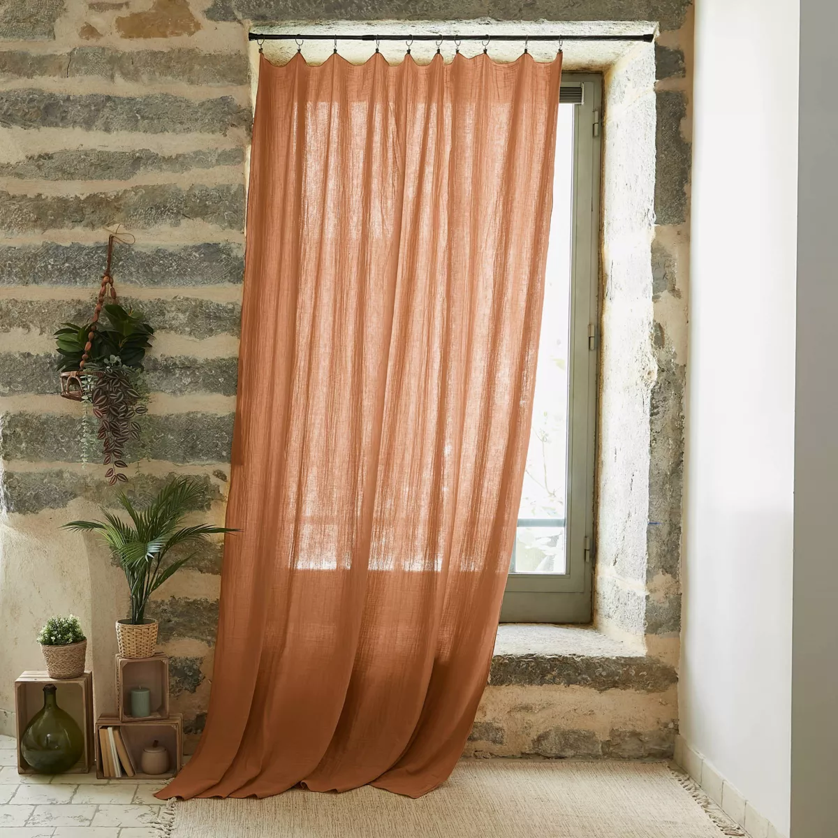 Cortina de gasa de algodón ajustable (180 x max 300 cm) Gaïa Albaricoque