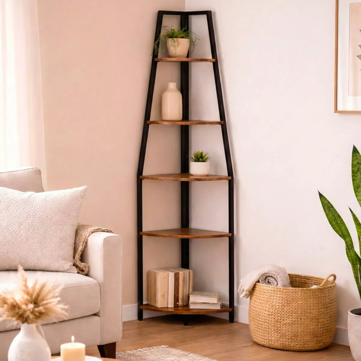 Etagère d'angle 5 niveaux bois et métal (170 cm) Elli Noire