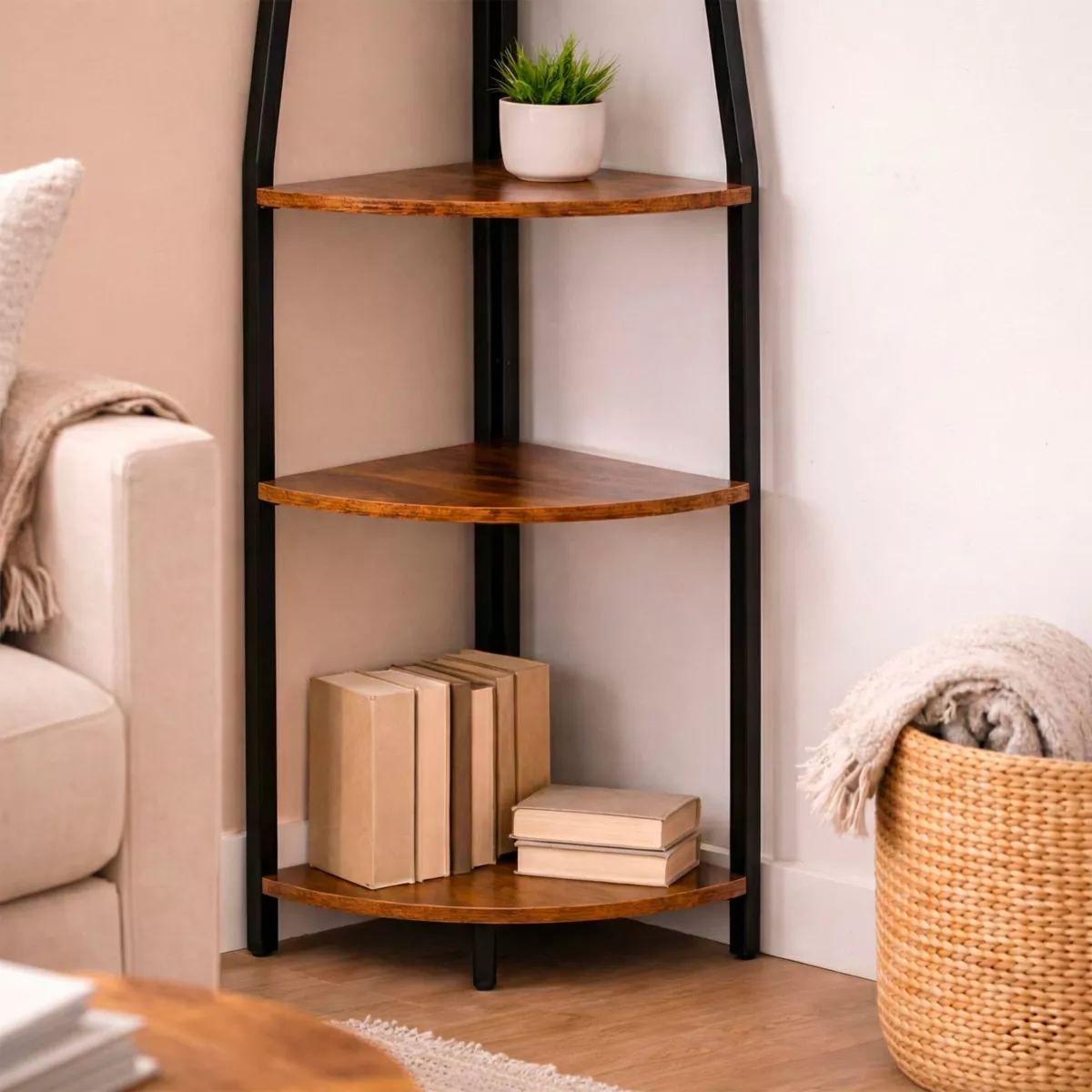 Etagère d'angle 5 niveaux bois et métal (170 cm) Elli Noire