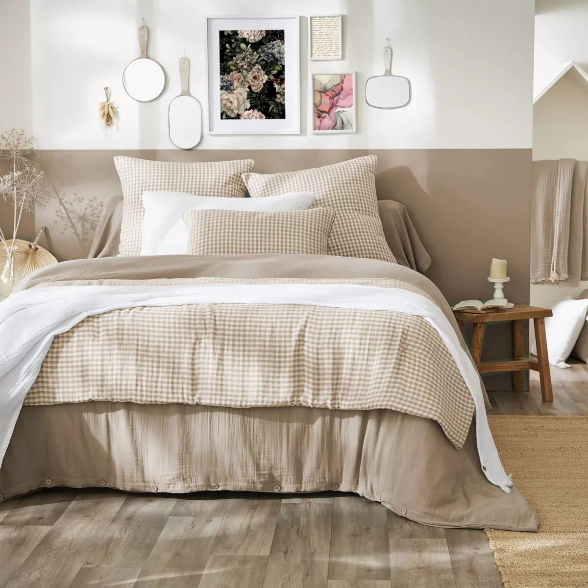 EM - Bout de lit 90 x 200 cm Gaze de coton tissŽe teinte GAìA VICHY Ficelle