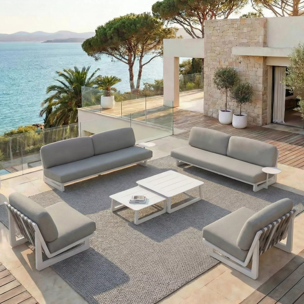 Salon de jardin en aluminium 8 places 6 pcs Long Beach Blanc cendré et taupe