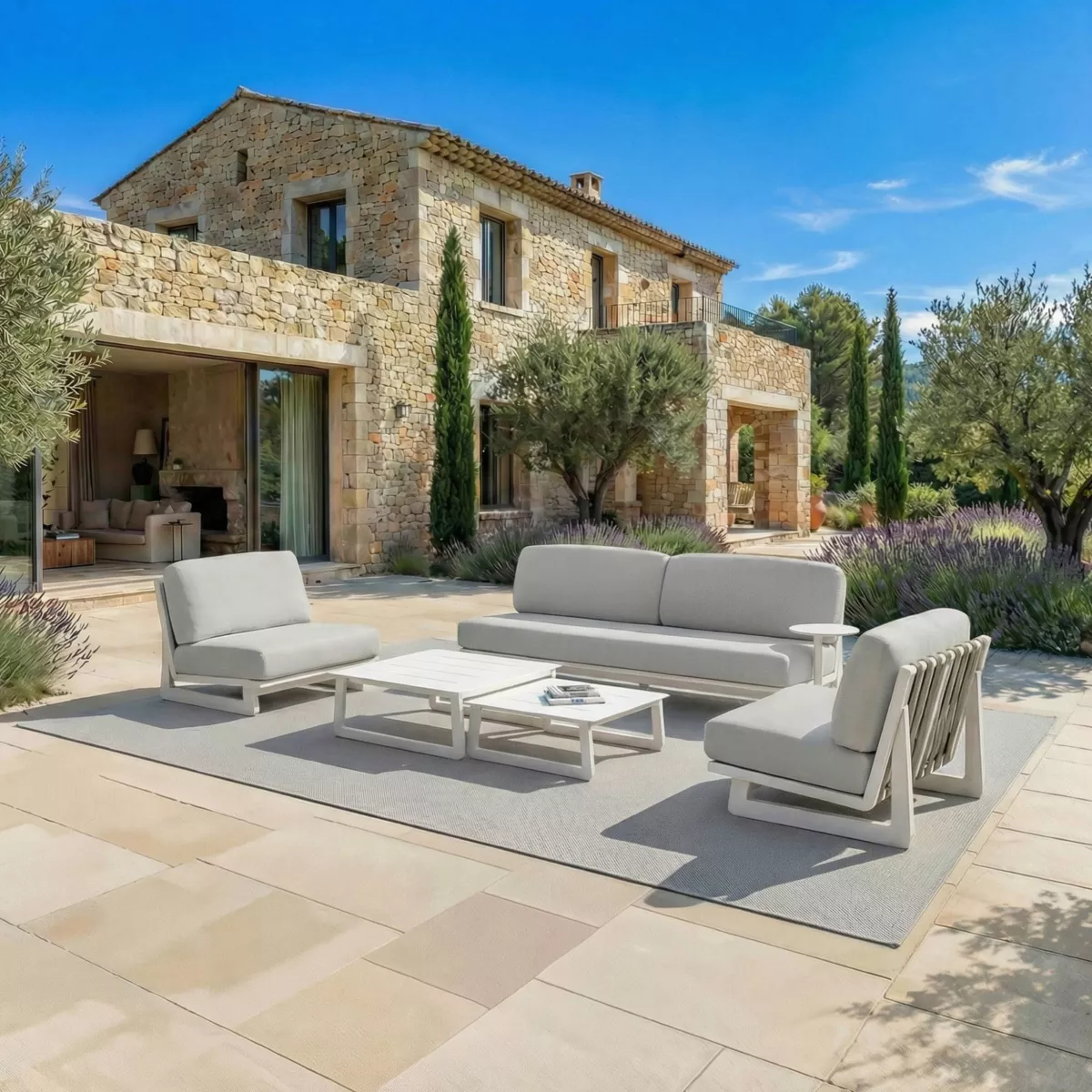 Salon de jardin en aluminium 5 places 5 pcs Long Beach Blanc cendré et gris clair