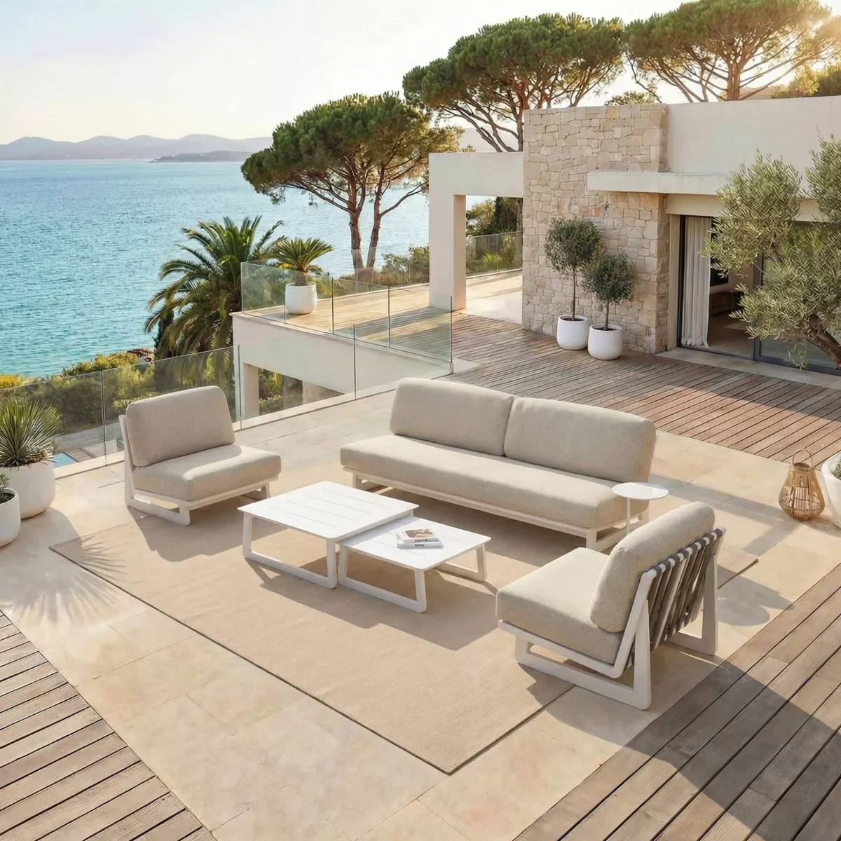 Set da giardino in alluminio 5 posti 5 pezzi Long Beach Bianco cenere e beige