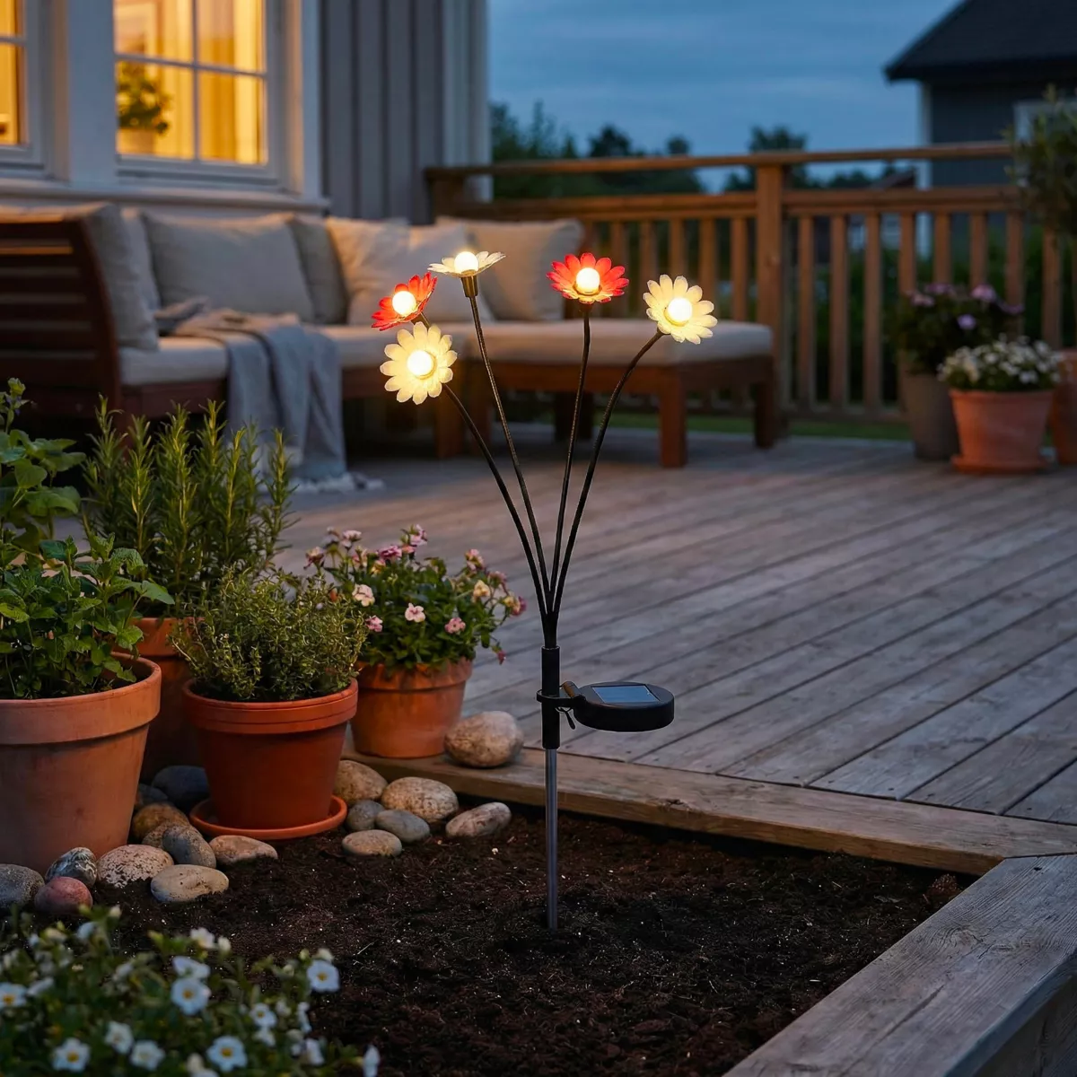 Decorazione luminosa Solare da infilare nel terreno (H60 cm) Margherite Rosso e bianco caldo