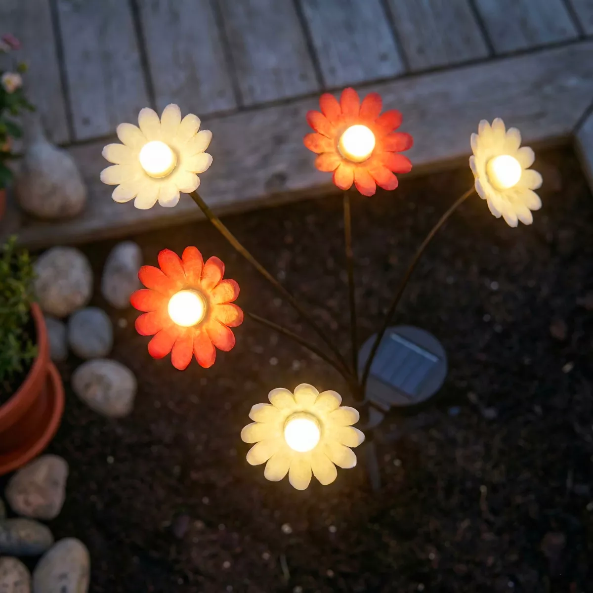 Decorazione luminosa Solare da infilare nel terreno (H60 cm) Margherite Rosso e bianco caldo