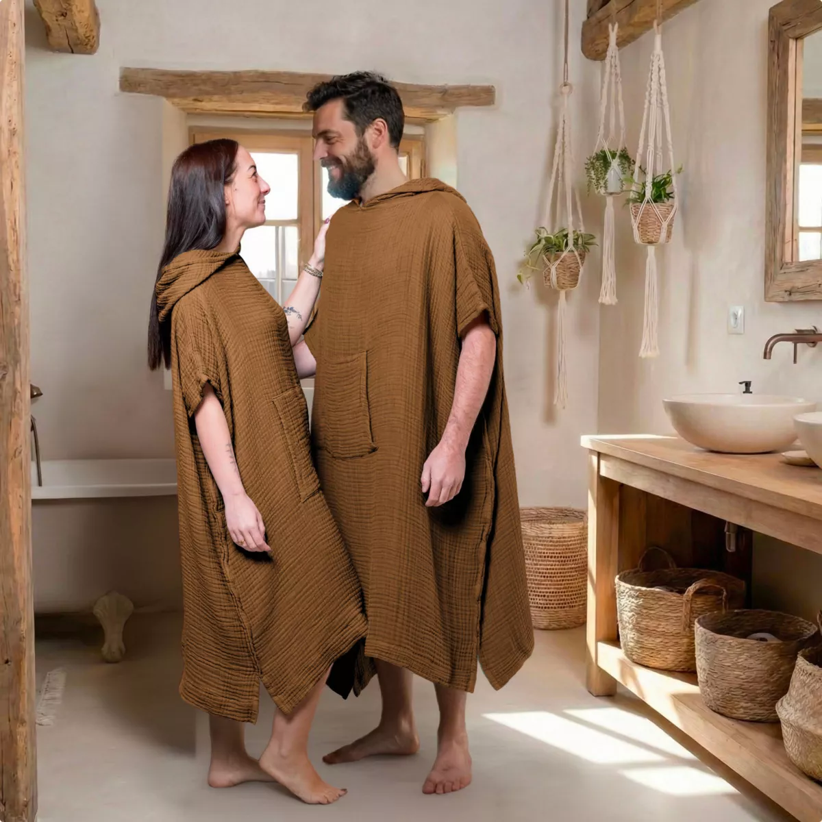 Poncho adulto in garza di cotone L/XL Gaïa Camel