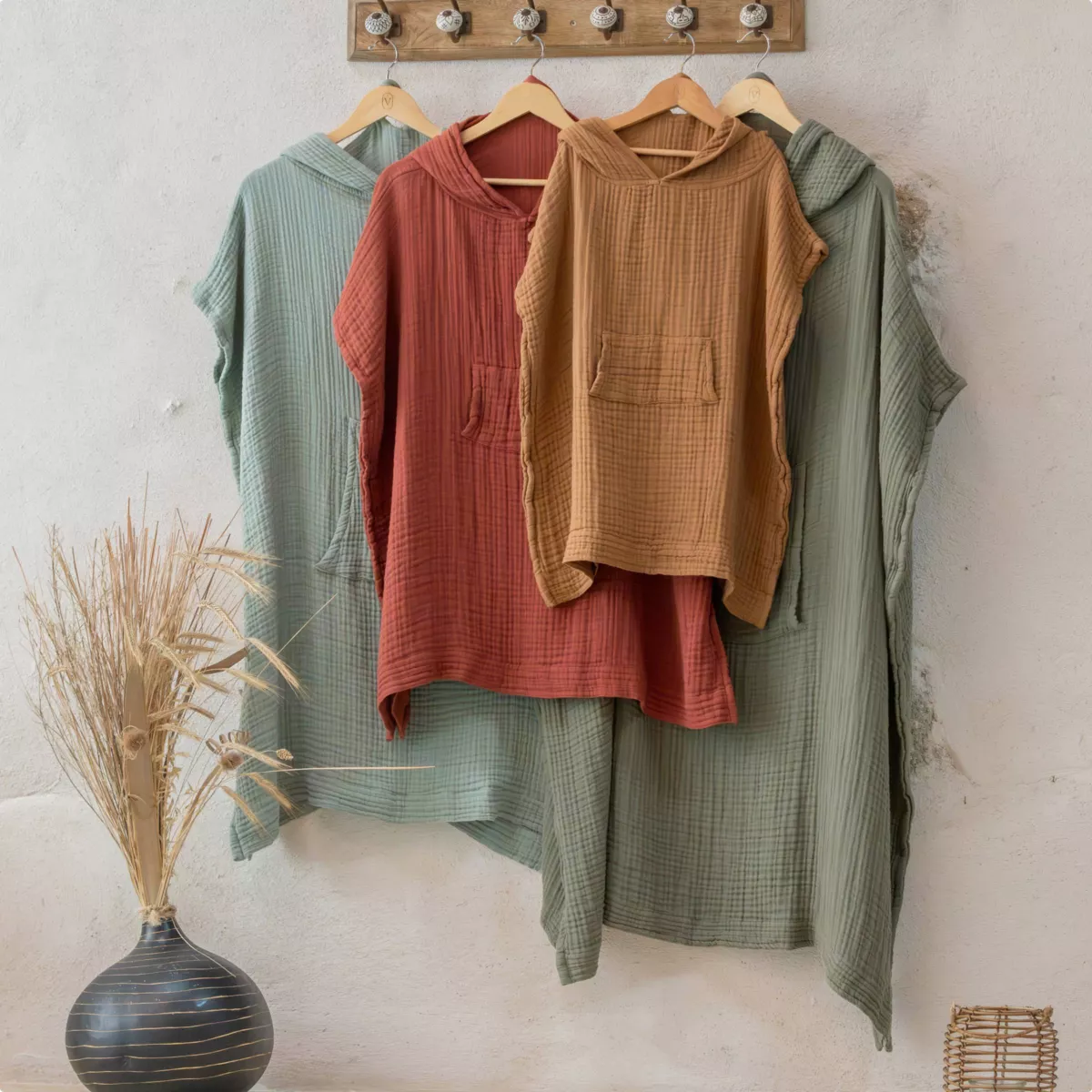 Poncho adulto in garza di cotone L/XL Gaïa Camel