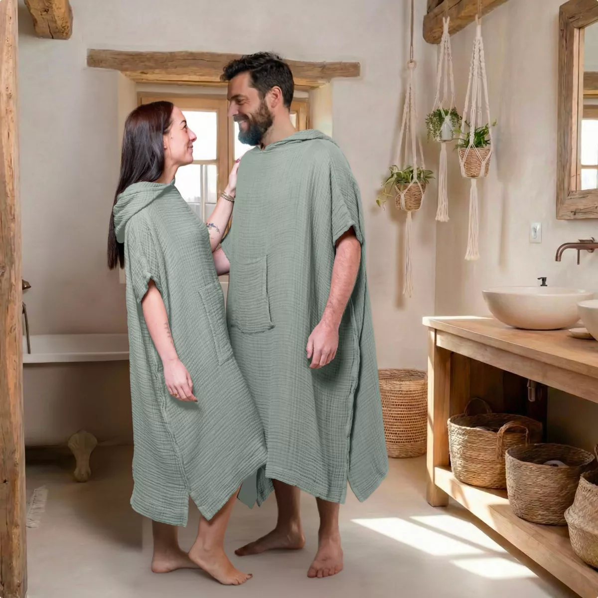 Poncho adulte gaze de coton L/XL Gaïa Vert eucalyptus