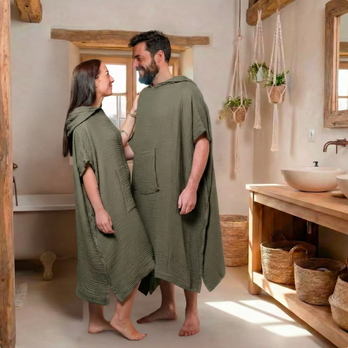 Poncho adulte gaze de coton L/XL Gaïa Vert romarin