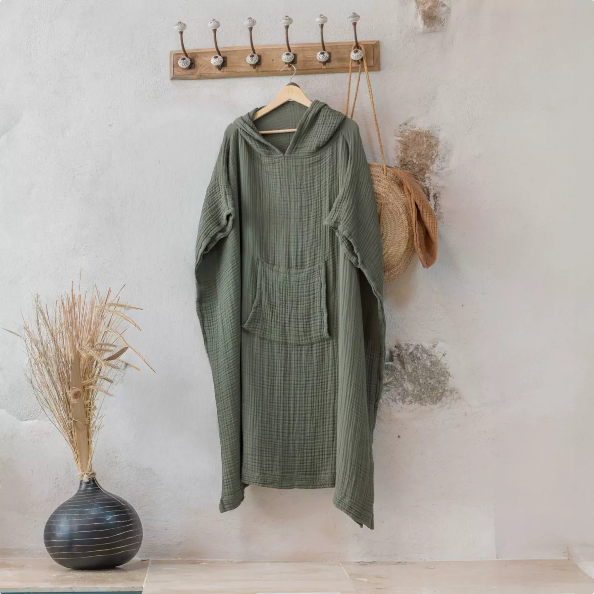 Poncho adulte gaze de coton S/M Gaïa Vert romarin