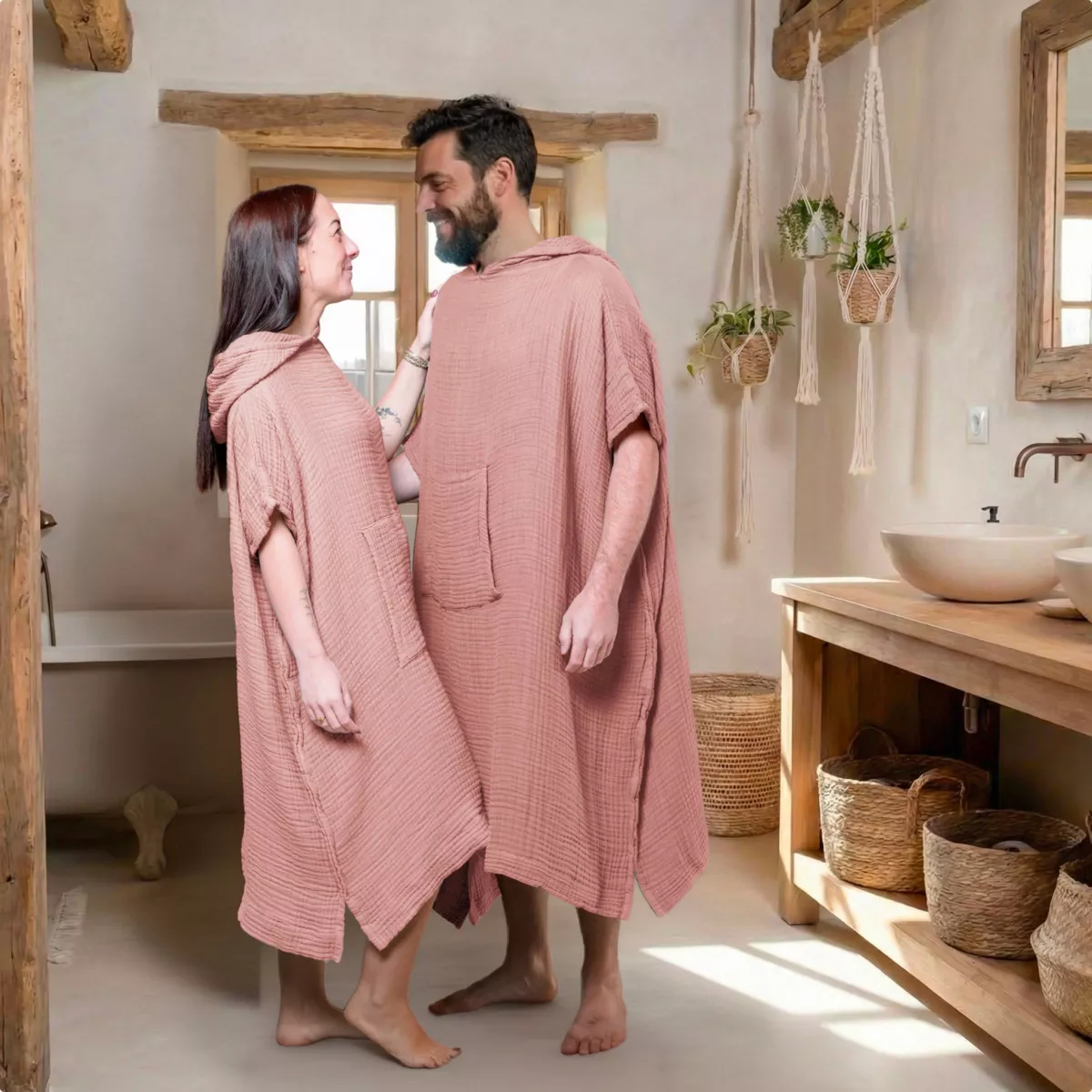 Poncho adulte gaze de coton L/XL Gaïa Rose pêche