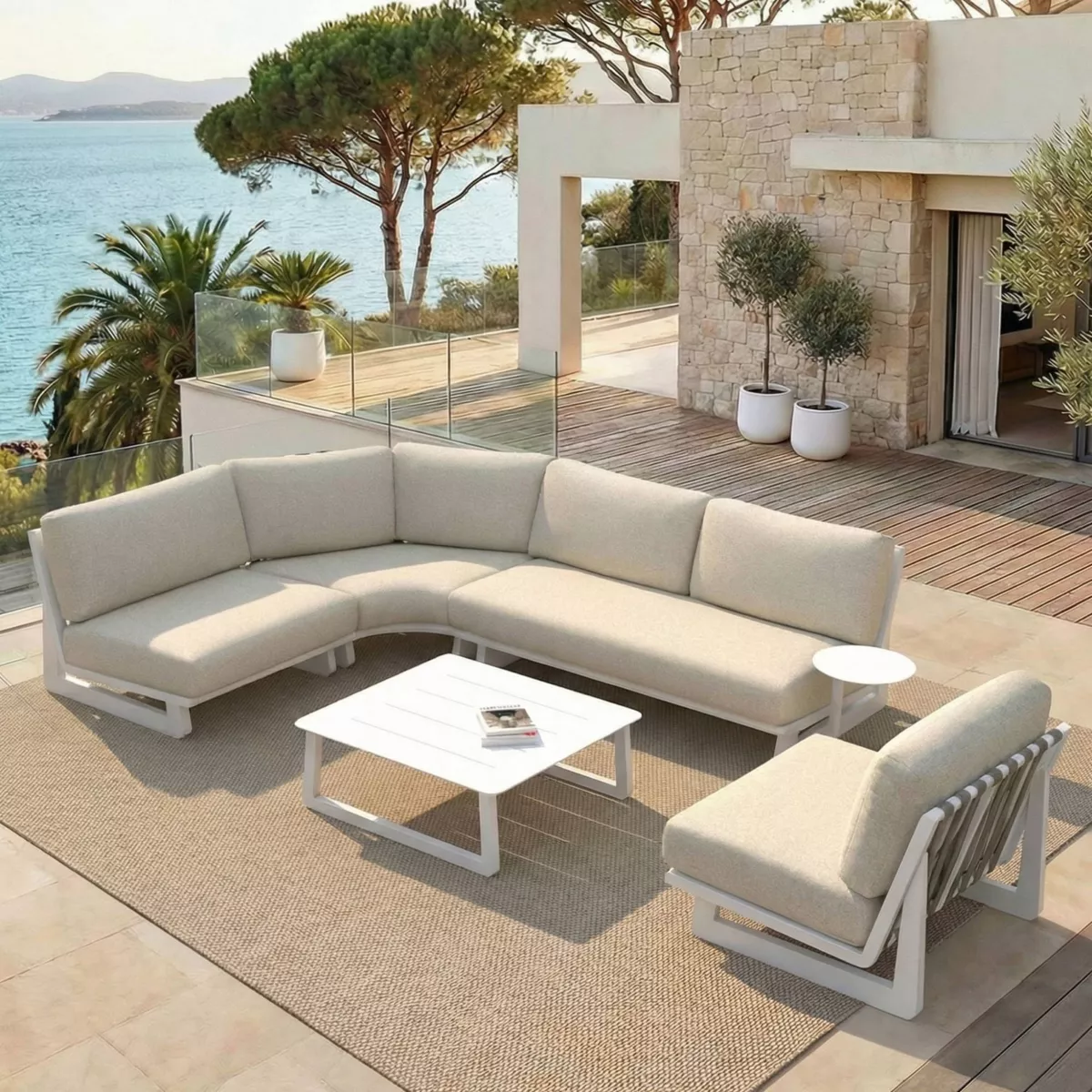 Set angolare da giardino in alluminio 5 posti 5 pezzi Long Beach Bianco cenere e beige