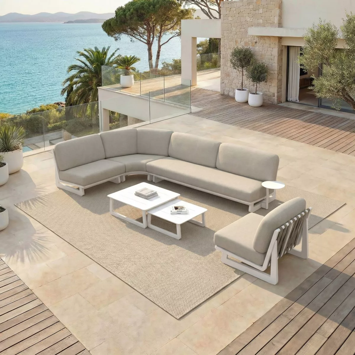 Salon de jardin d'angle en aluminium 6 places 6 pcs Long Beach Blanc cendré et taupe