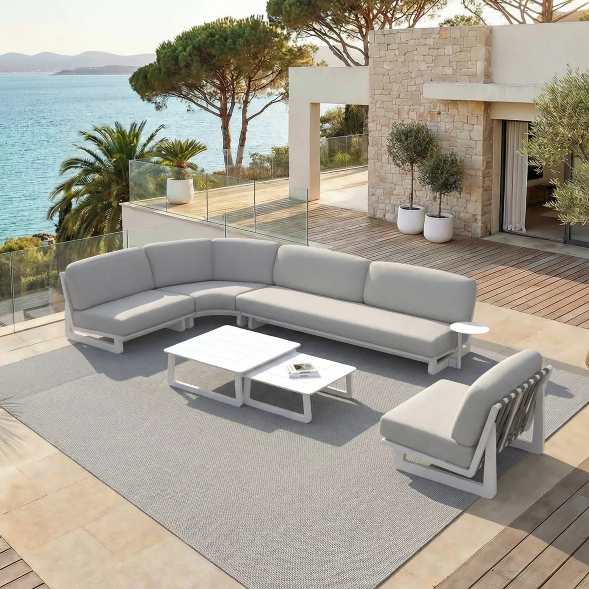 Set angolare da giardino in alluminio 6 posti 6 pezzi Long Beach Bianco cenere e grigio chiaro