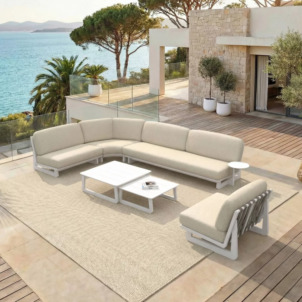 Set angolare in alluminio per giardino 6 posti 6 pezzi Long Beach Bianco cenere e beige