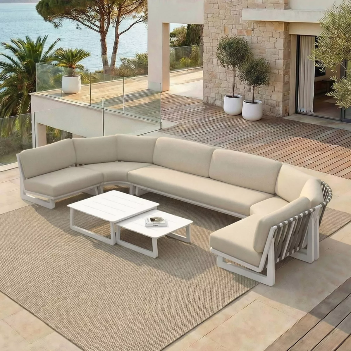 Salon de jardin d'angle en aluminium 7 places 6 pcs Long Beach Blanc cendré et taupe